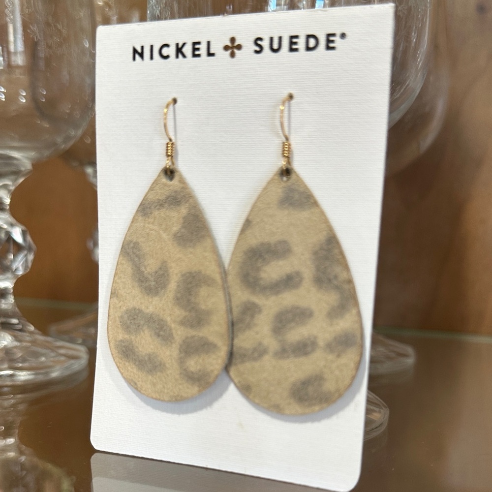 Nickel Suede Beige Leopard Teardrop Earrings with Gold Hooks